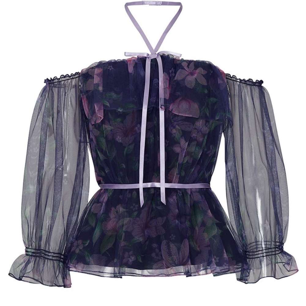 $225 Marchesa Notte Floral Mesh Off The Shoulder Top sz 8